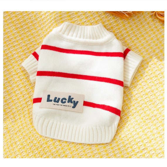 White knit pet sweater with red horizontal stripes and ribbed cuffs and hem