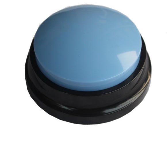 Light blue interactive dog sound button with black base and circular top