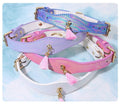 Iridescent leather dog collar set in purple with pink tassels and gold buckles