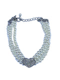 Silver beaded dog necklace with rhinestone heart pendant and chain clasp