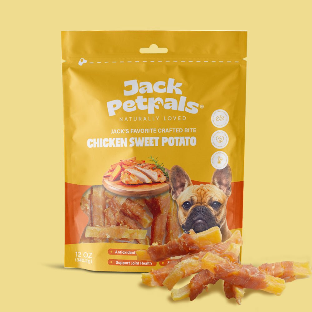 Jack PetPals chicken and sweet potato dog treat bag, front view with treat graphics
