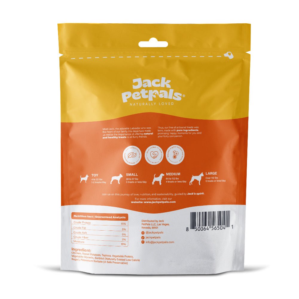 Jack PetPals chicken and sweet potato dog treat pouch back with barcode and size icons