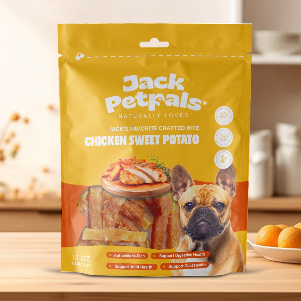 Jack PetPals chicken and sweet potato dog treat bag, yellow pouch with top handle