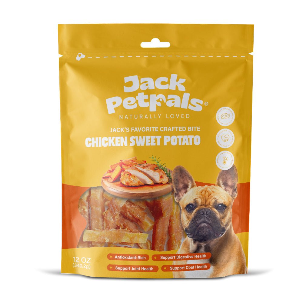 Jack PetPals chicken and sweet potato dog treat bag, yellow pouch with brand logo
