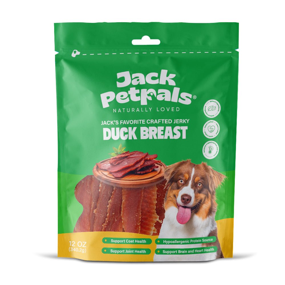 Green dog treat pouch labeled duck breast jerky, with top hang hole