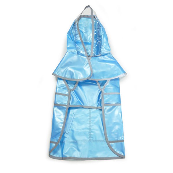 Blue hooded pet raincoat with reflective trim and front panel detailing