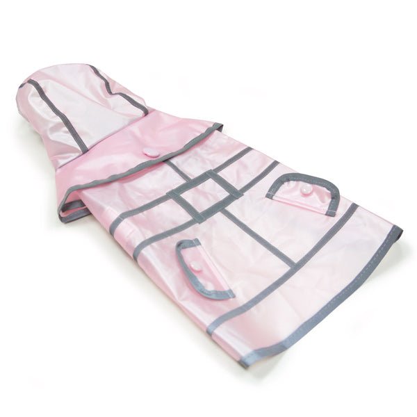 Pink hooded raincoat with gray grid pattern, long sleeves, and front buttons