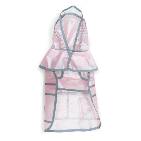Pink hooded raincoat with gray grid pattern and long sleeves, front button closure