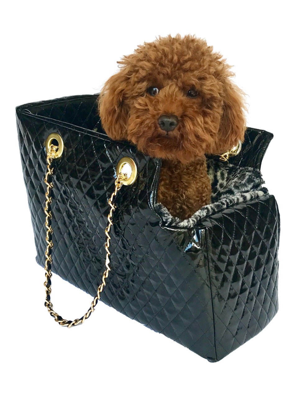 Black quilted patent pet carrier tote with gold chain handle and snap clasp