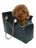 Black quilted patent pet carrier tote with gold chain handle and snap clasp
