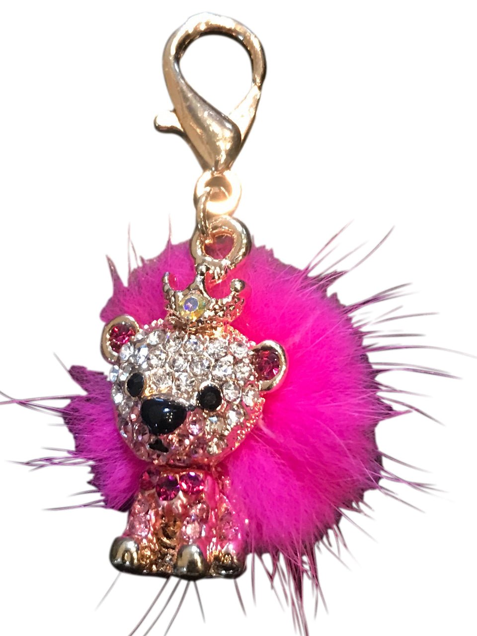 Pink faux-fur dog collar charm with rhinestone crown and gold-tone clip
