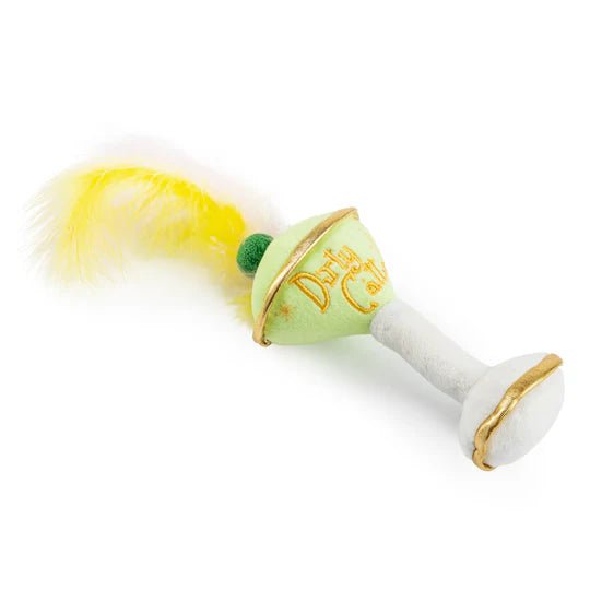 Plush catnip toy shaped like a light green drink with yellow feather and embroidered text