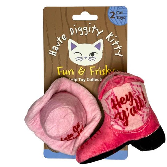 Plush cat toy cowboy hat, pink and red with soft fabric texture