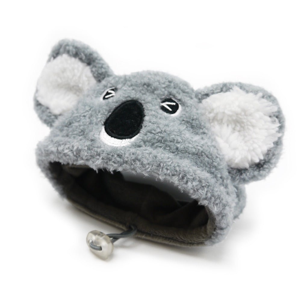 Gray plush koala pet hat, side view with open rim, black nose, and drawstring tag.