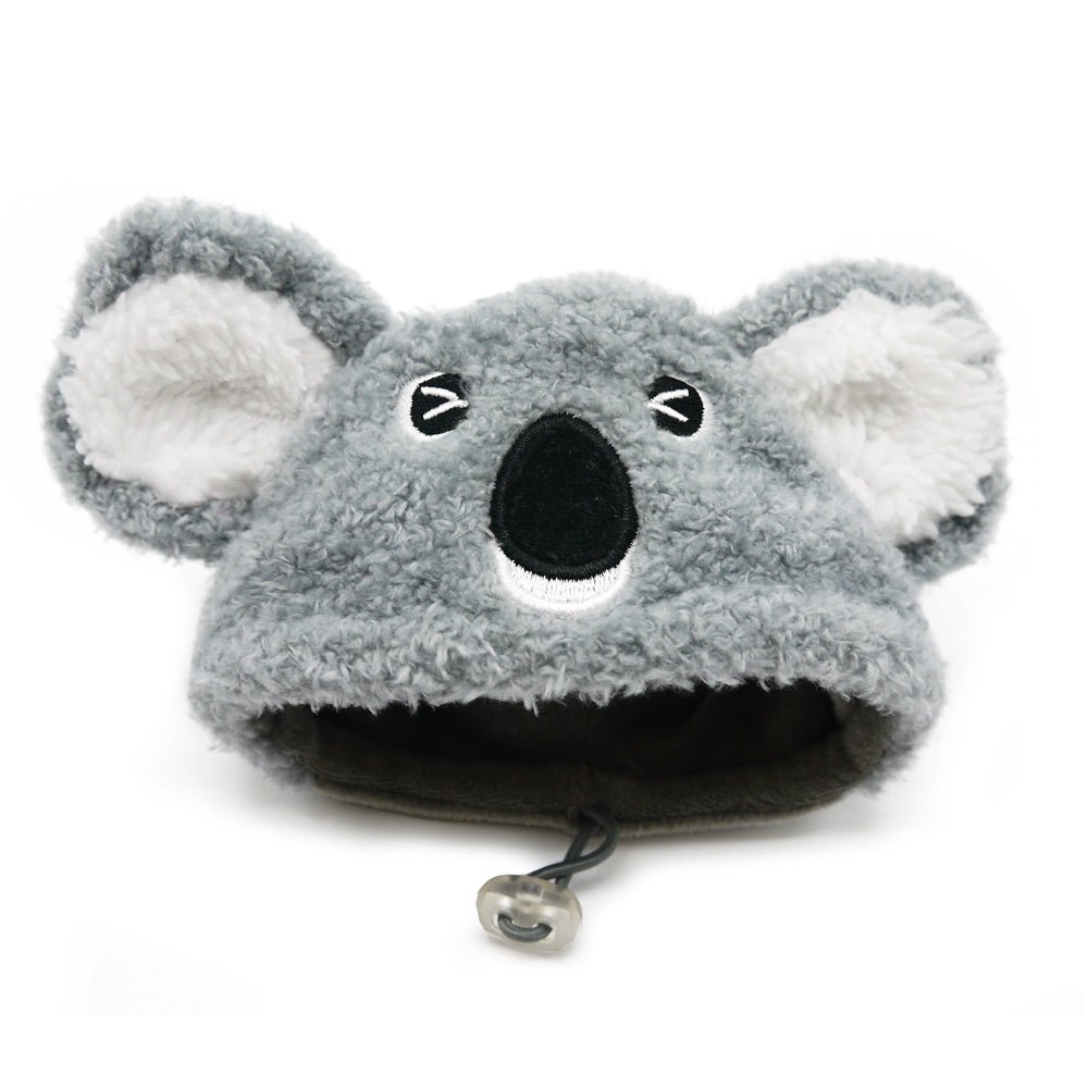 Gray plush koala pet hat with stitched ears, black nose, and drawstring with tag.