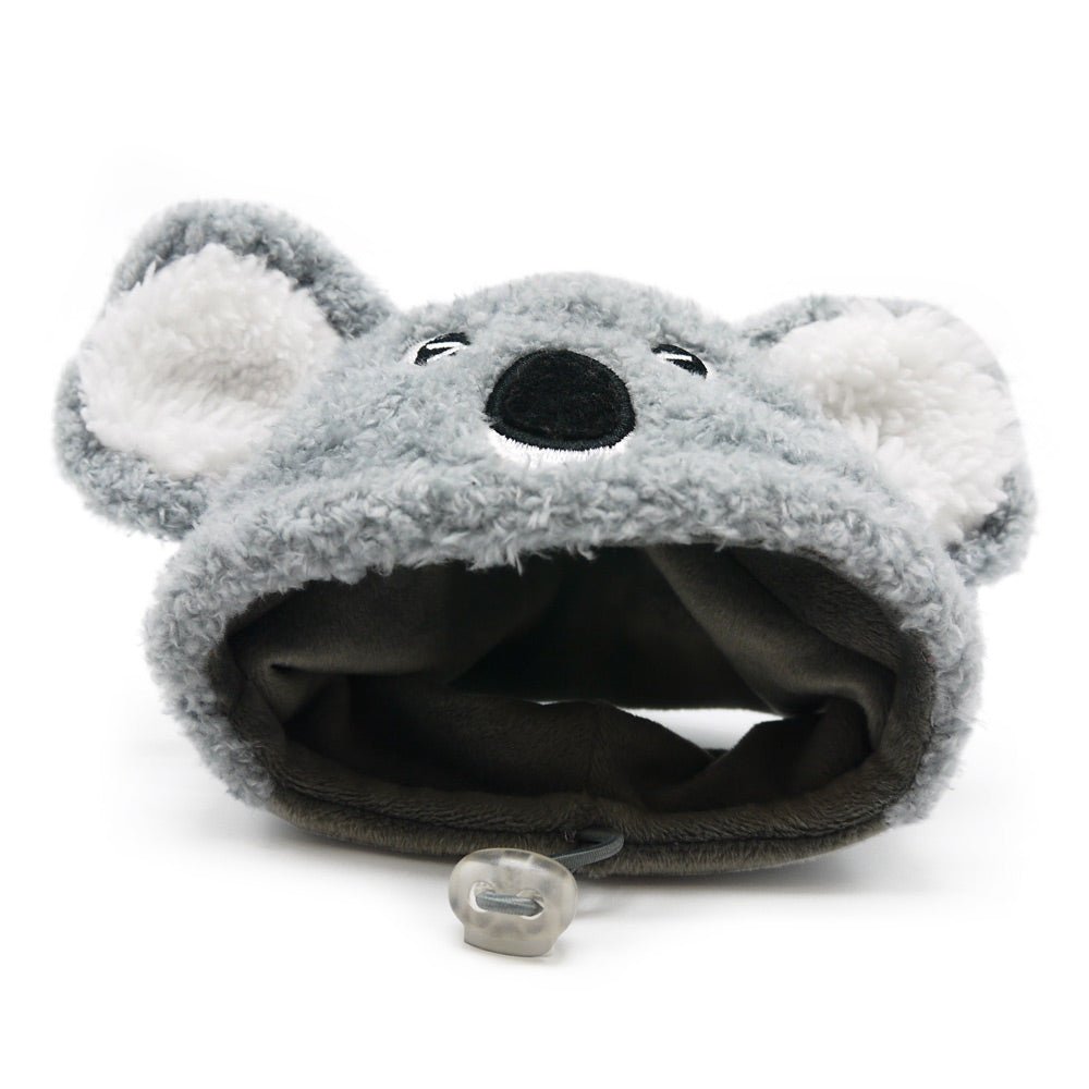 Gray plush koala pet hat, open front with black nose, fluffy ears, and drawstring.