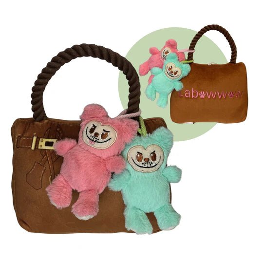 Brown handbag with rope handles and cute plush animal keychain charms