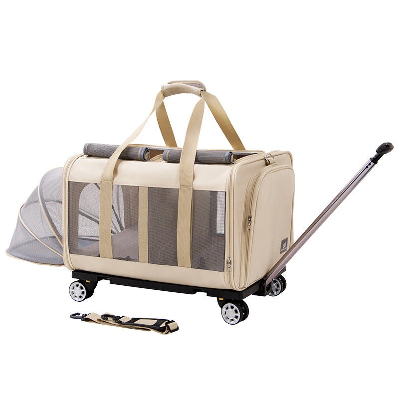 Beige pet trolley bag with gray mesh panels, wheels, and extendable handle