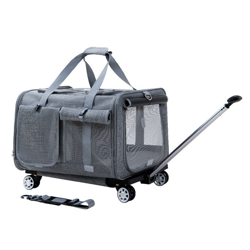 Dark gray pet trolley bag with mesh panels, front zipper pocket, and telescoping handle