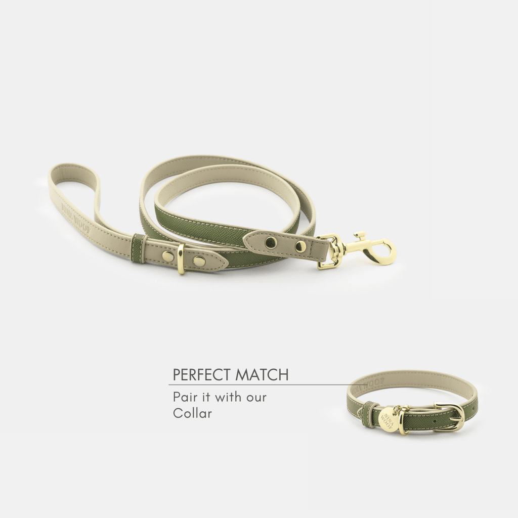 4 ft vegan leather dog leash, olive green with tan lining and gold hook clasp