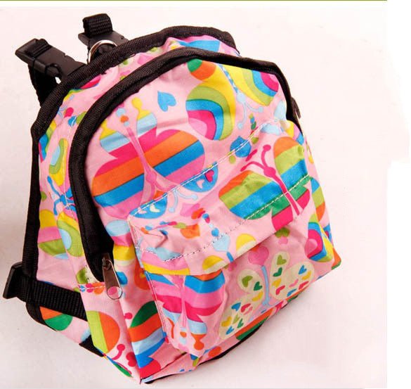 Multicolor candy pattern pet backpack bag with black straps and front zipper