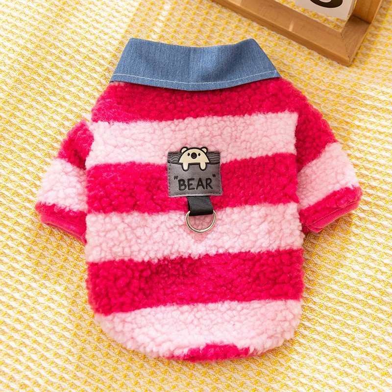 Red and white striped fleece pet sweater with bear tag, denim collar, and front leash hole.