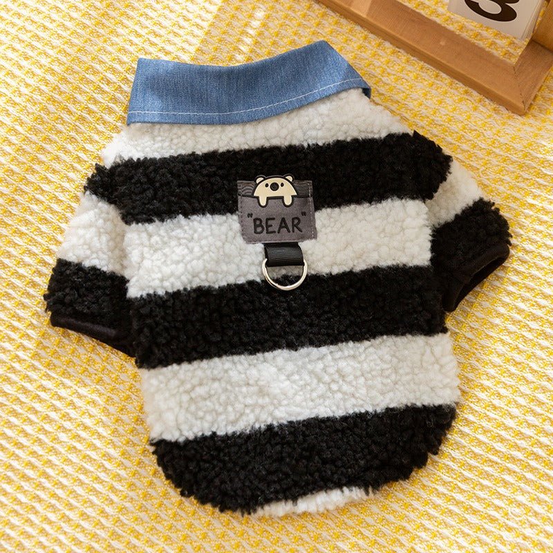 Black and white striped fleece pet sweater with bear tag, denim collar, and front leash hole.