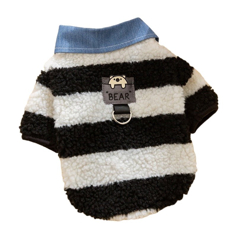 Striped fleece dog sweater with leash hole and bear tag, black and cream