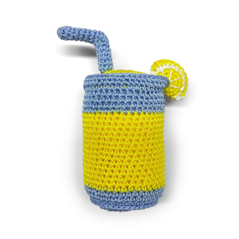 Crochet lemonade toy cup with blue top, yellow body, and small lemon slice detail