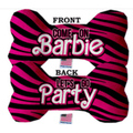 Bone-shaped plush pet toy, pink and black striped with Barbie and Let's Go Party text