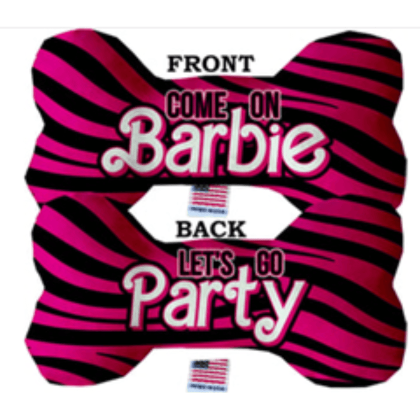 Bone-shaped plush pet toy, pink and black striped with Barbie and Let's Go Party text