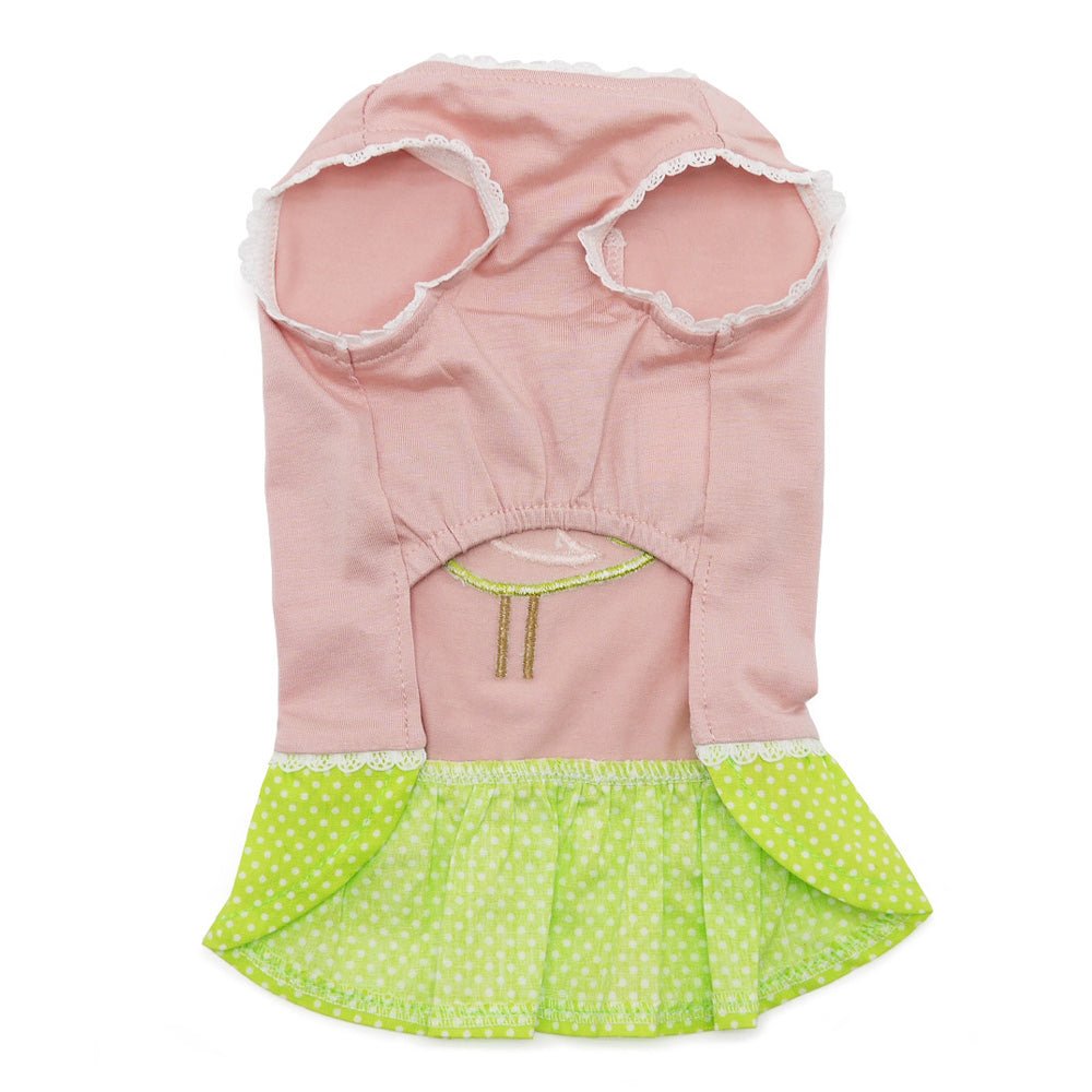 Pink dog dress with green polka-dot skirt and lace-edged back opening