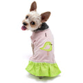 Pink dog dress with green polka-dot skirt, bird applique, and lace-trim neckline