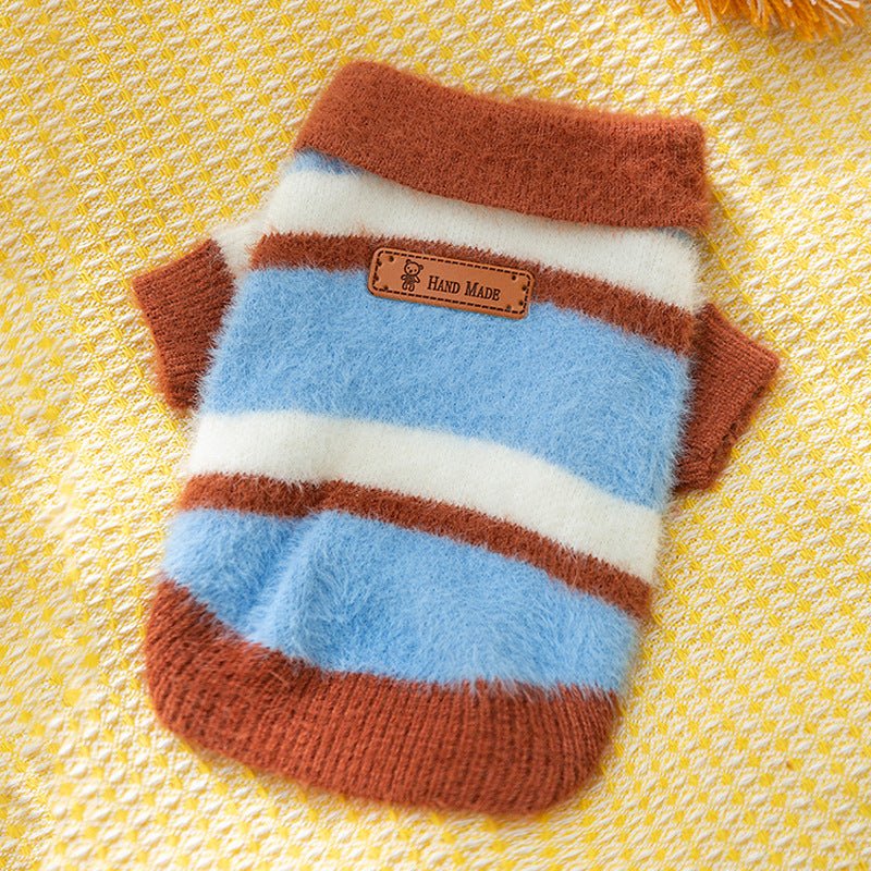 Dog polo sweater with blue and white striped knit, brown “Hand Made” tag