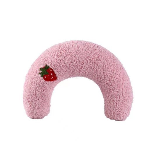 Pink U-shaped pet neck protector pillow with strawberry applique