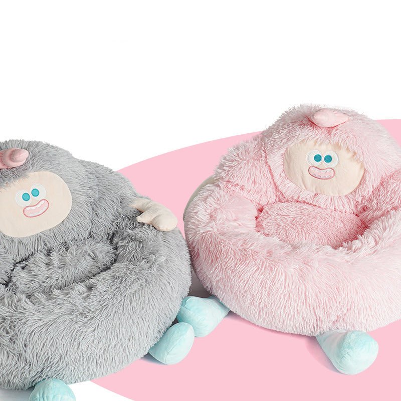 Pair of plush pet nest beds: gray and pink versions side by side
