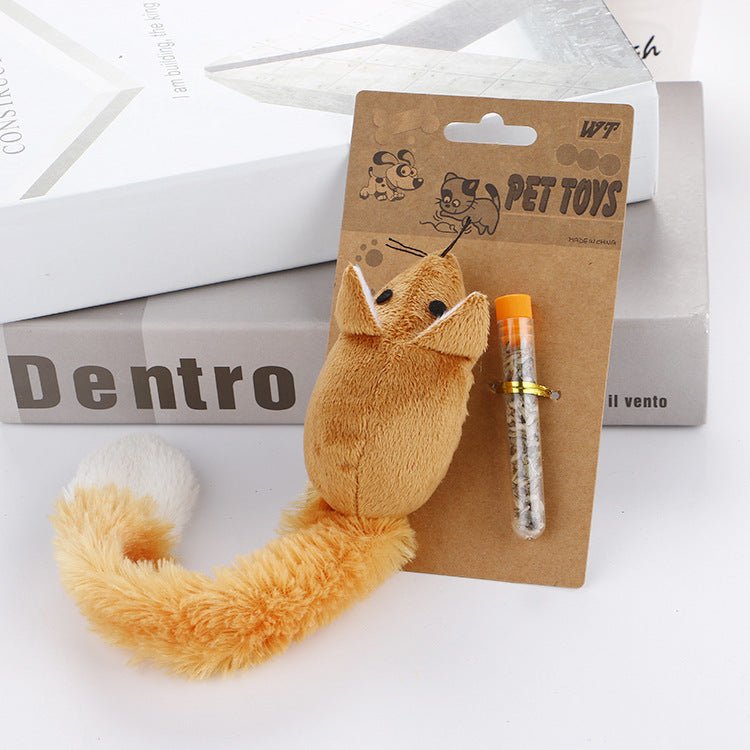 Tan plush long-tail mouse cat toy with a catnip wand on a hanging card