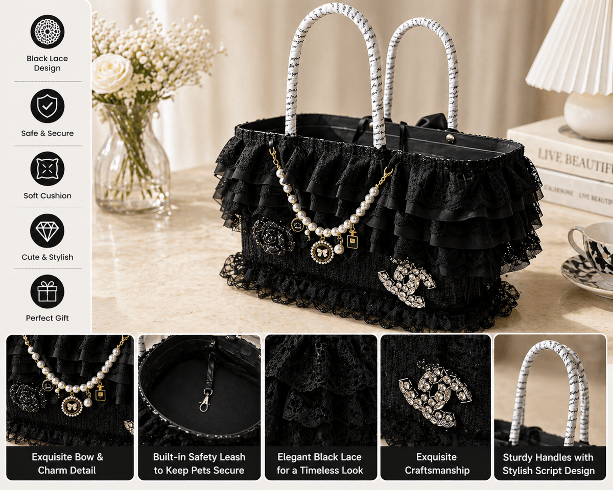 Luxury Black Lace Dog Carrier Bag with Pearl Charm – Elegant Small Dog Tote Bag with Safety Leash Fursace Luxury Dog Plush Toy - Red Squeaky | Cookies Wagging Friends Boutique Cookies Wagging Friends Boutique