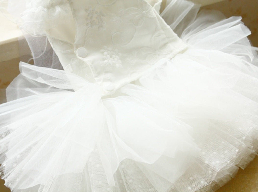 White layered tulle pet dress skirt with soft ruffled tulle texture