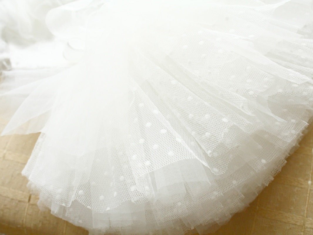 White tulle pet dress skirt with sparkly dots and ruffled layers