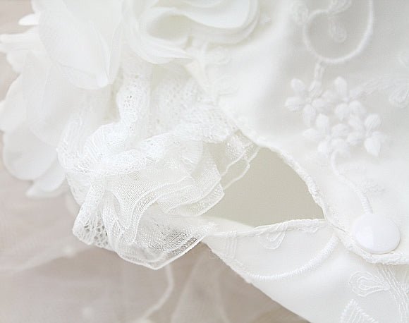White pet wedding dress sleeve and back with floral lace trim and scalloped edges