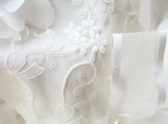 White floral tulle dog wedding dress with lace embroidery and sheer panels