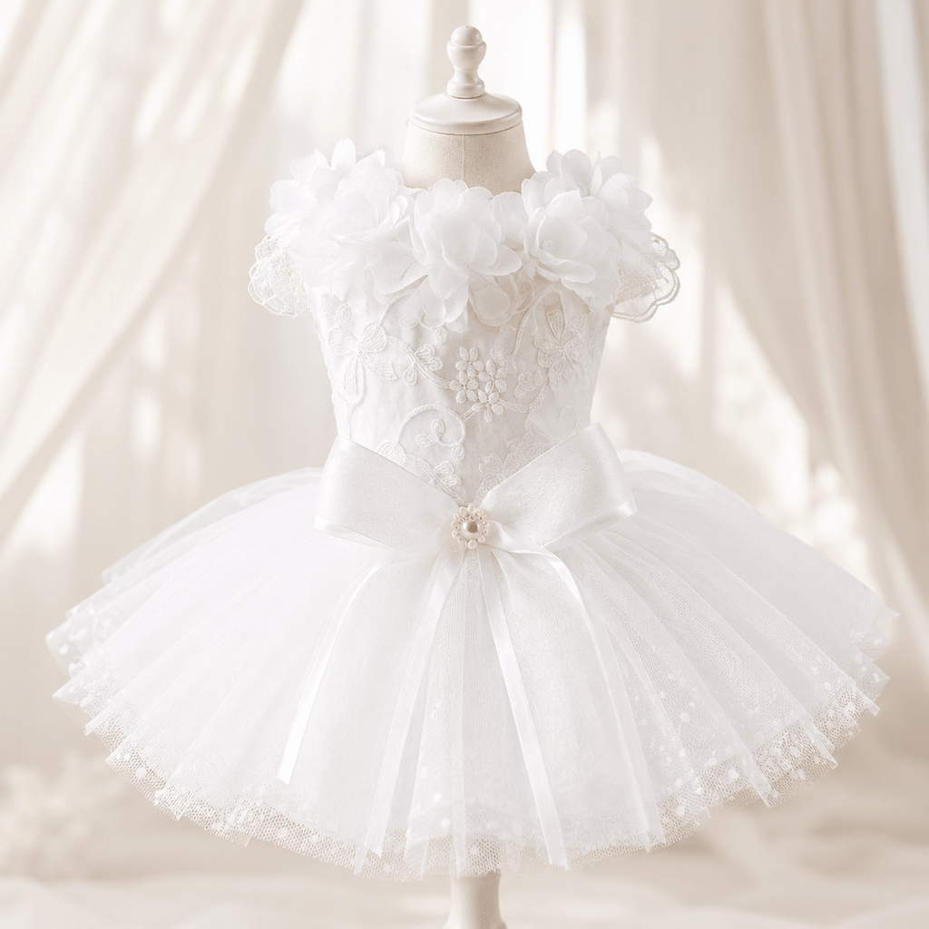 White pet wedding dress with floral appliques, layered tulle skirt, satin bow