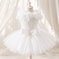 White pet wedding dress with floral appliques, layered tulle skirt, satin bow