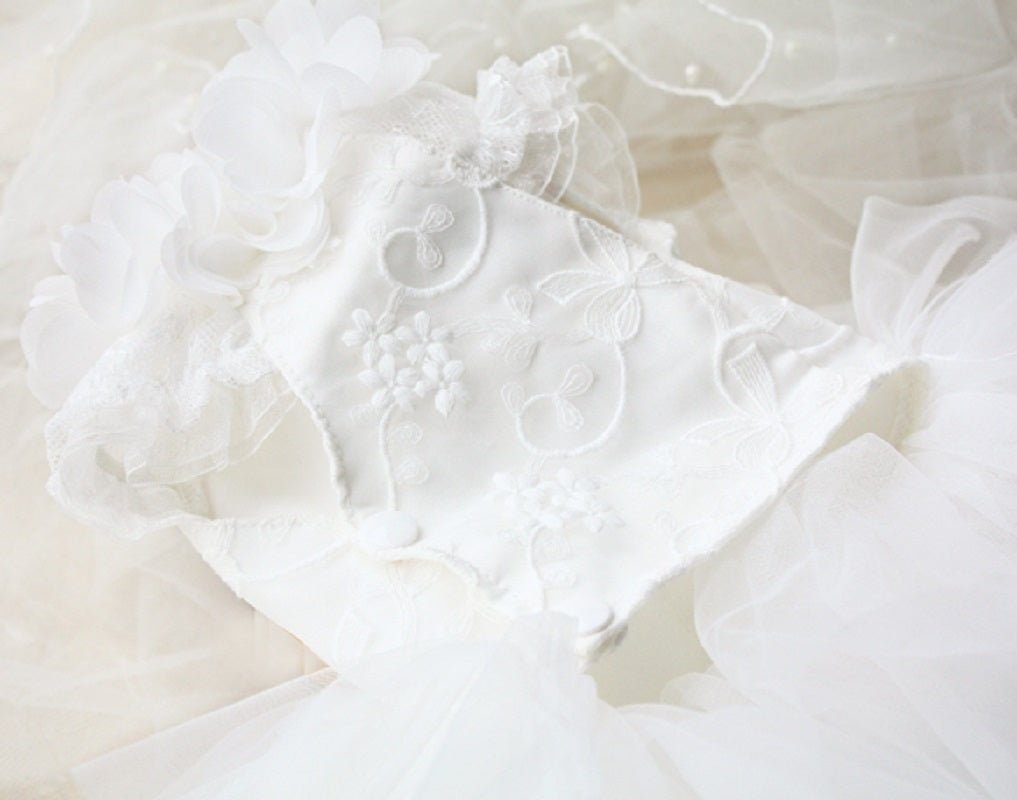 White pet wedding dress bodice with floral 3D appliques and textured embroidery