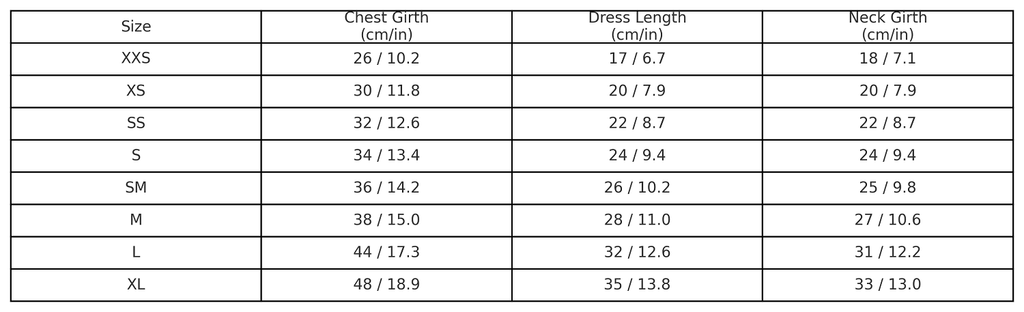 Dog dress size chart with XS to XL measurements for chest, dress length, and neck