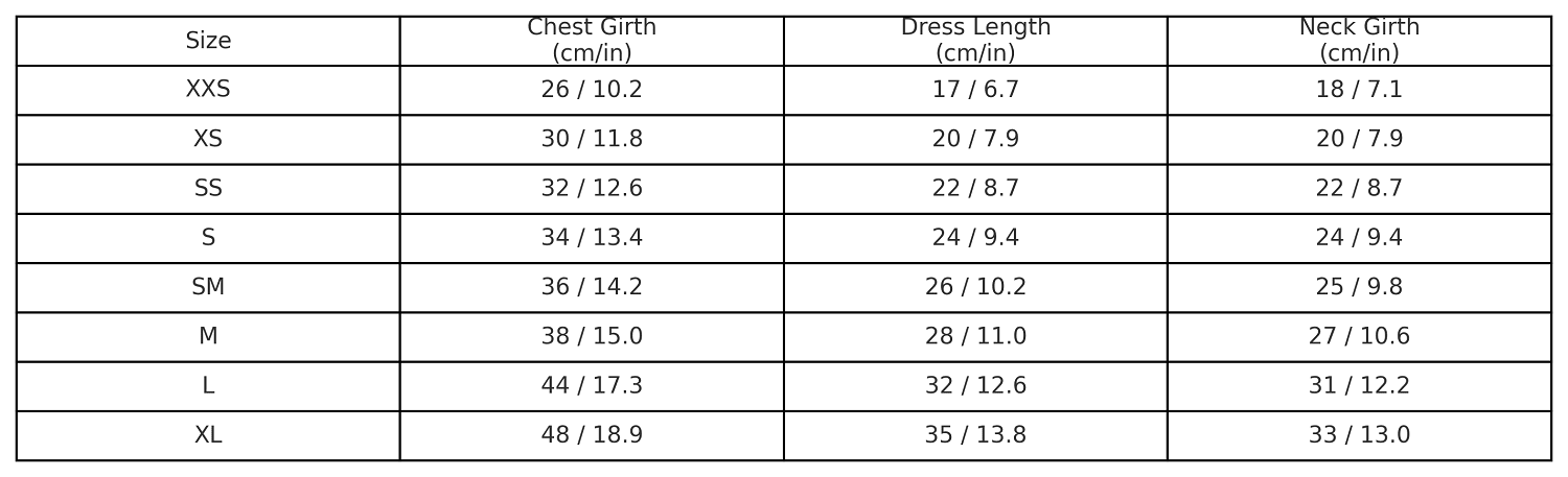 Dog dress size chart table with XXS to XL and measurements in cm and in