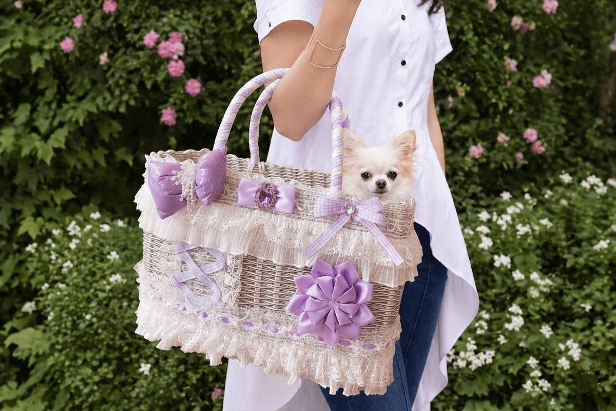 Luxury Lavender Lace Wicker Pet Carrier Basket for Small Dogs & Cats Fursace Luxury Dog Plush Toy - Red Squeaky | Cookies Wagging Friends Boutique Cookies Wagging Friends Boutique