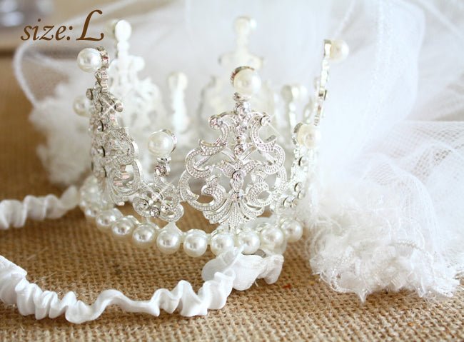 White pearl tiara crown with ornate silver filigree and tulle veil—size L