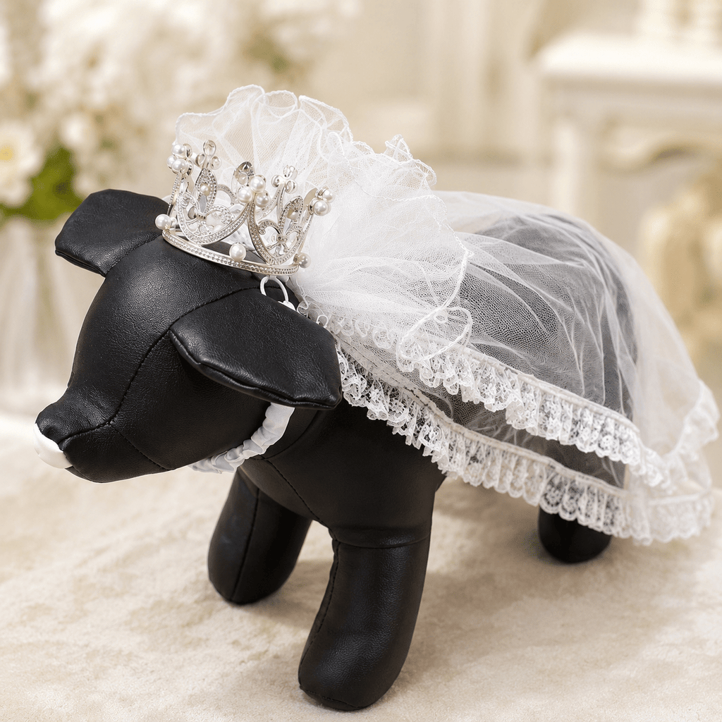 White bridal veil on a small black pet mannequin with rhinestone pearl crown